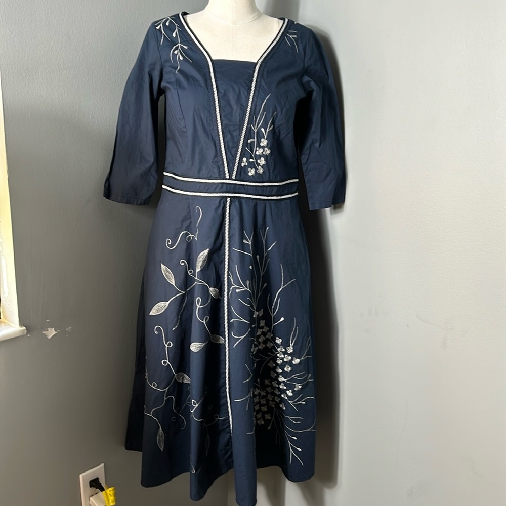 Wayward Fancies Leafy Floral Embroidery Cotton Jersey Dress  Navy see measureme
